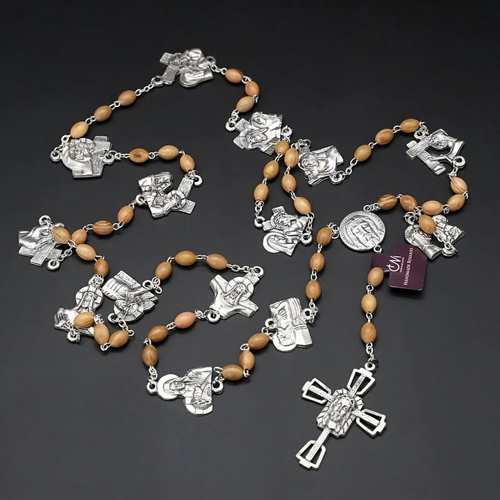 Christianartworkshop Via Crucis 14 Stations of the Cross Oval Mother of Pearl/Olive Wood Alloy Chain Rosary - Olive Wood - With Centerpiece - image 10