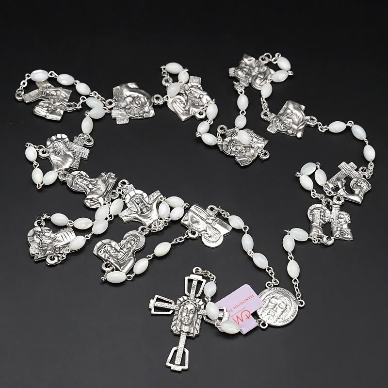 Christianartworkshop Via Crucis 14 Stations of the Cross Oval Mother of Pearl/Olive Wood Alloy Chain Rosary - Mother of Pearl - With Centerpiece - image 3