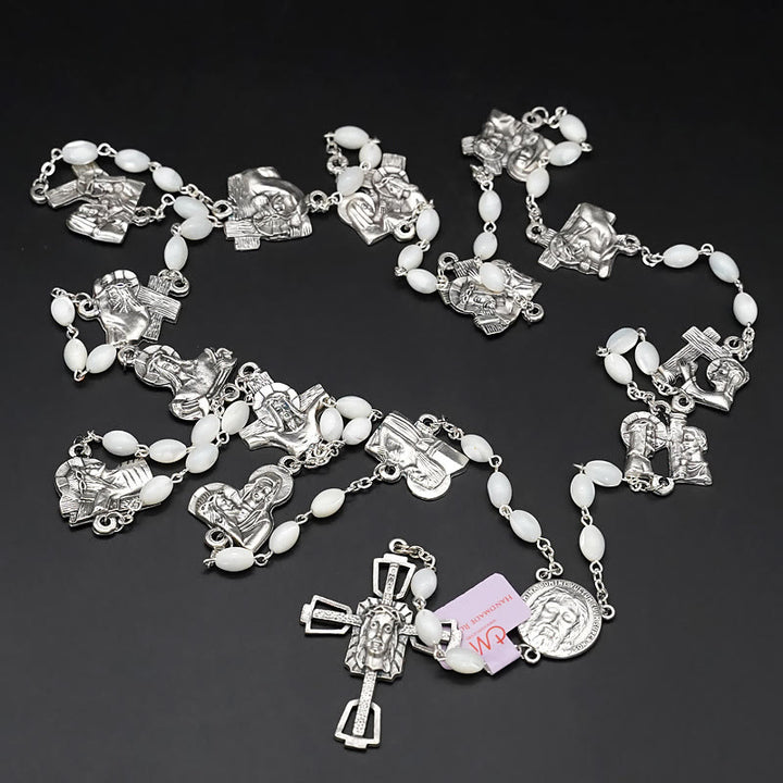 Christianartworkshop Via Crucis 14 Stations of the Cross Oval Mother of Pearl/Olive Wood Alloy Chain Rosary - Mother of Pearl - With Centerpiece - image 3