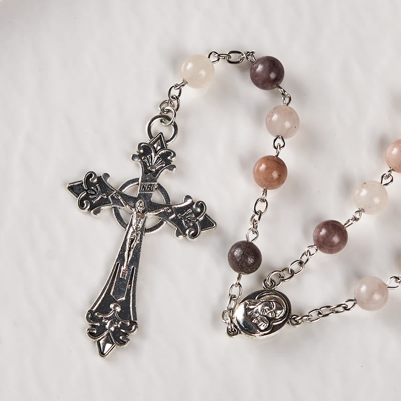 Christianartworkshop Madonna and Child & Crucifix of 8mm Round Multicolor Agate Alloy Chain Rosary - image 4