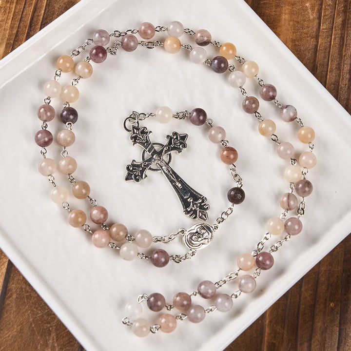 Christianartworkshop Madonna and Child & Crucifix of 8mm Round Multicolor Agate Alloy Chain Rosary - image 6
