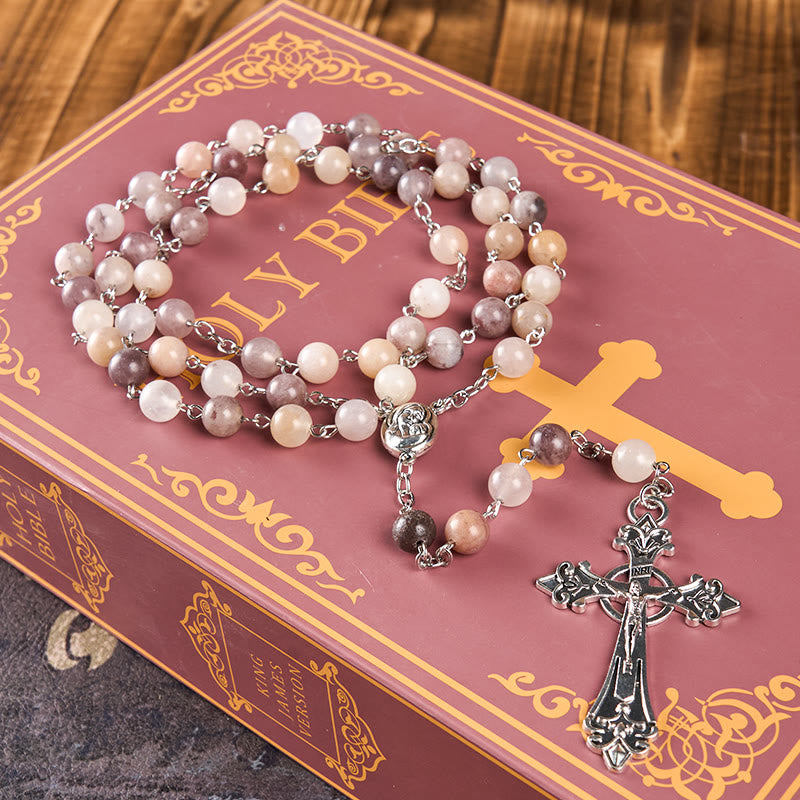 Christianartworkshop Madonna and Child & Crucifix of 8mm Round Multicolor Agate Alloy Chain Rosary - image 2