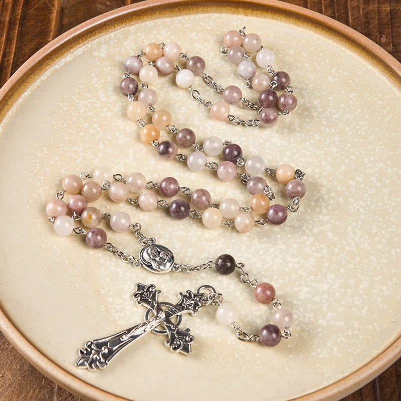 Christianartworkshop Madonna and Child & Crucifix of 8mm Round Multicolor Agate Alloy Chain Rosary - image 3
