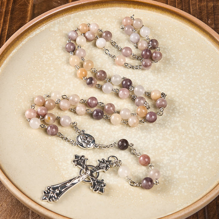 Christianartworkshop Madonna and Child & Crucifix of 8mm Round Multicolor Agate Alloy Chain Rosary - image 3