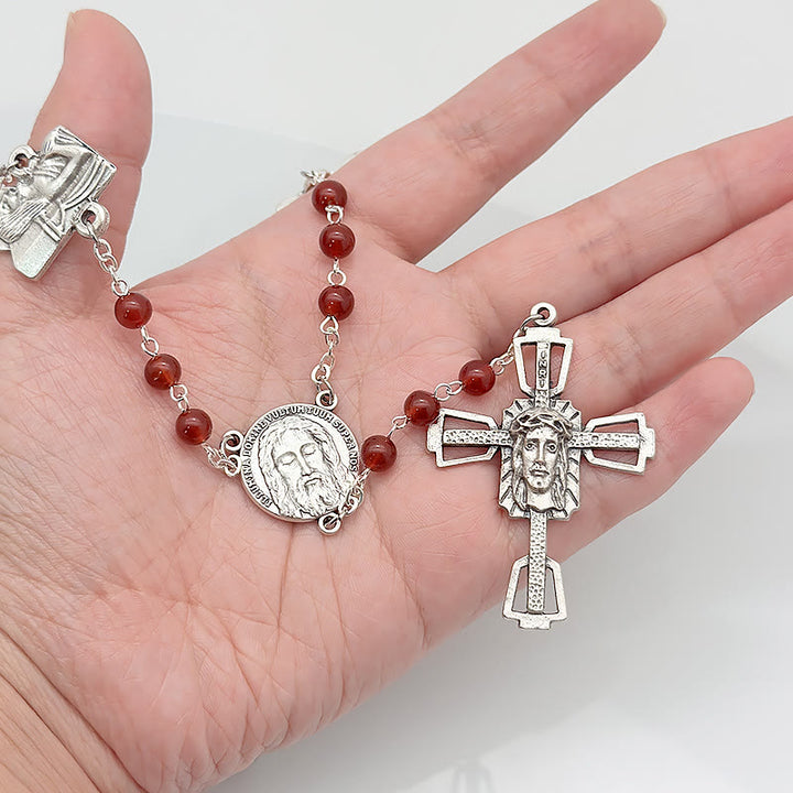 Christianartworkshop Via Crucis the Stations of the Cross Round Red/Black Agate Alloy Chain Rosary - image 6