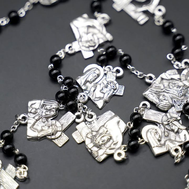 Christianartworkshop Via Crucis the Stations of the Cross Round Red/Black Agate Alloy Chain Rosary - image 8