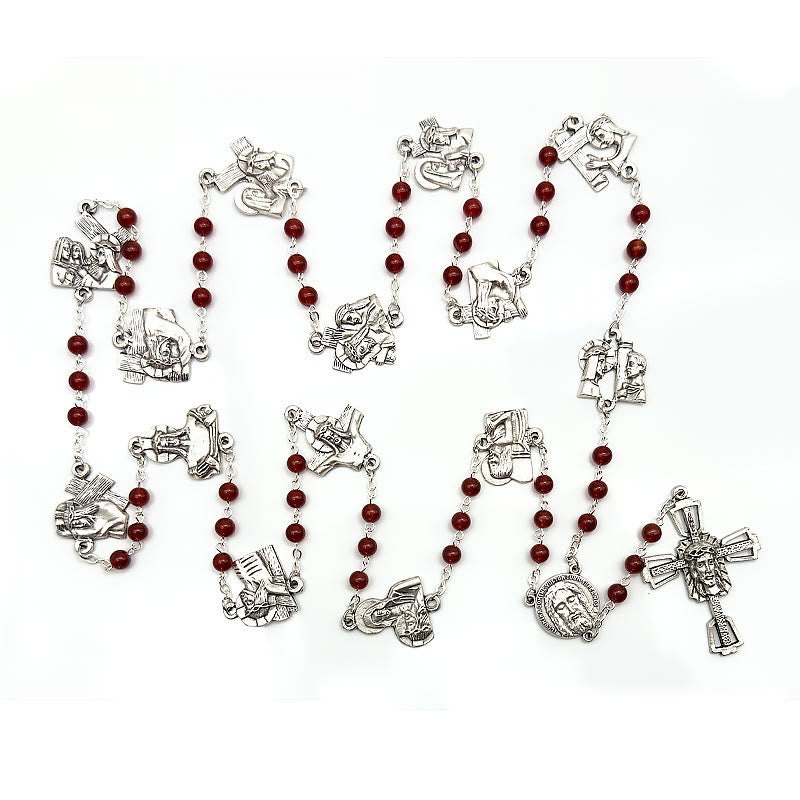 Christianartworkshop Via Crucis the Stations of the Cross Round Red/Black Agate Alloy Chain Rosary - image 7