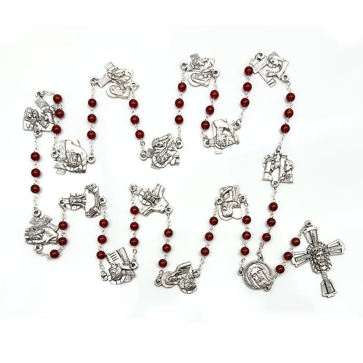 Christianartworkshop Via Crucis the Stations of the Cross Round Red/Black Agate Alloy Chain Rosary - image 7