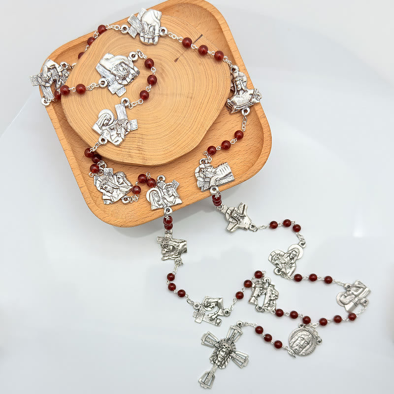 Christianartworkshop Via Crucis the Stations of the Cross Round Red/Black Agate Alloy Chain Rosary - image 2