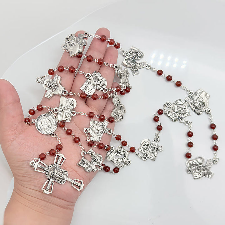 Christianartworkshop Via Crucis the Stations of the Cross Round Red/Black Agate Alloy Chain Rosary - image 4