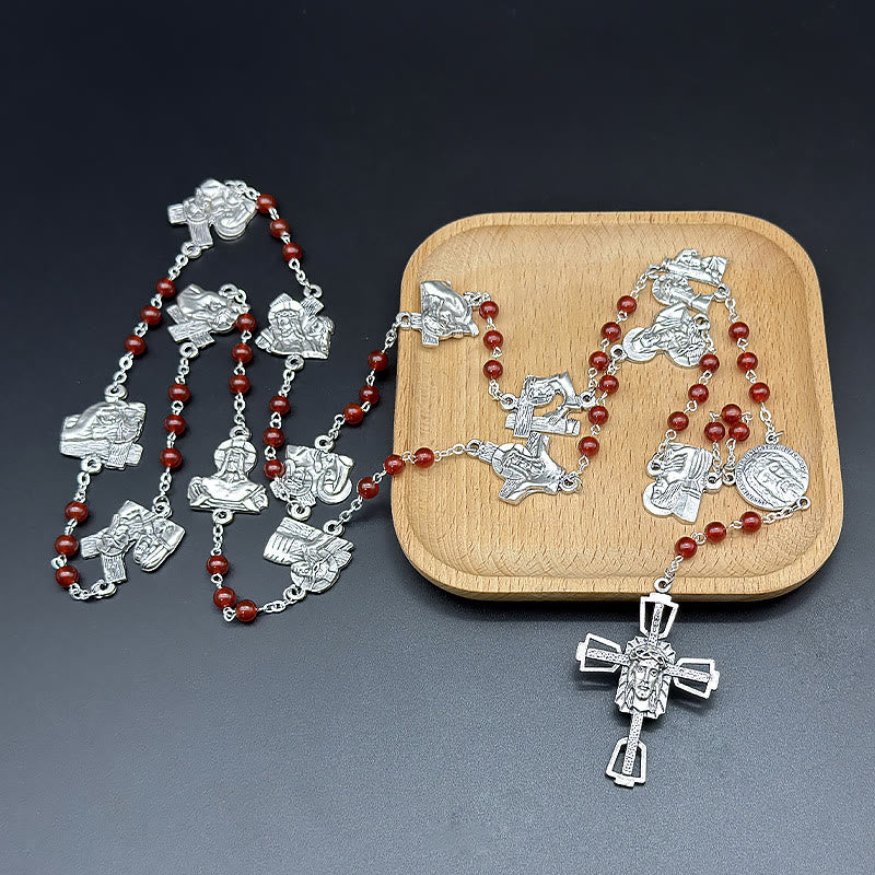 Christianartworkshop Via Crucis the Stations of the Cross Round Red/Black Agate Alloy Chain Rosary - Red - image 1