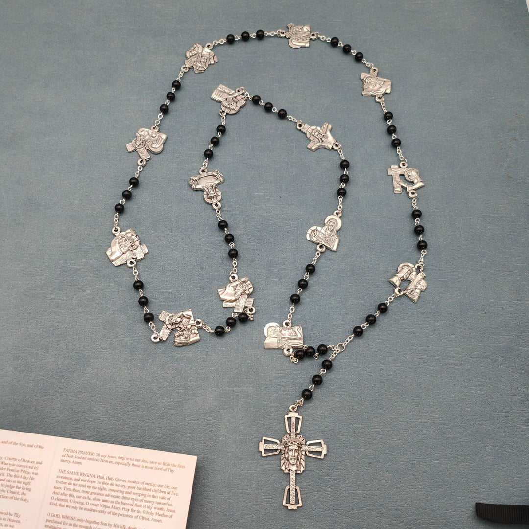 Christianartworkshop Via Crucis the Stations of the Cross Round Red/Black Agate Alloy Chain Rosary - Black - image 3