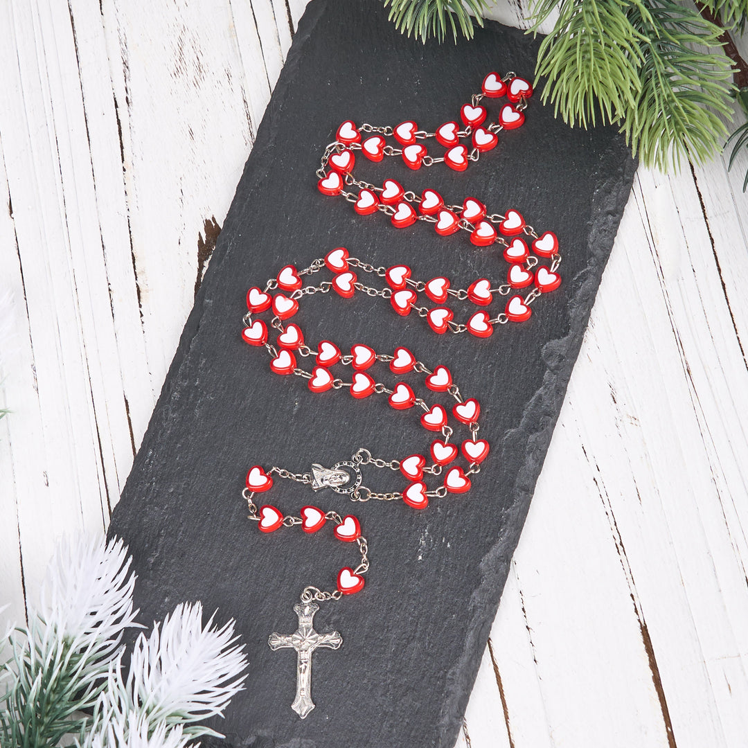 Christianartworkshop Virgin Mary & Crucifix of 6 mm Heart Multicolor Acrylic Alloy Chain Rosary(4 color) - Red - image 1
