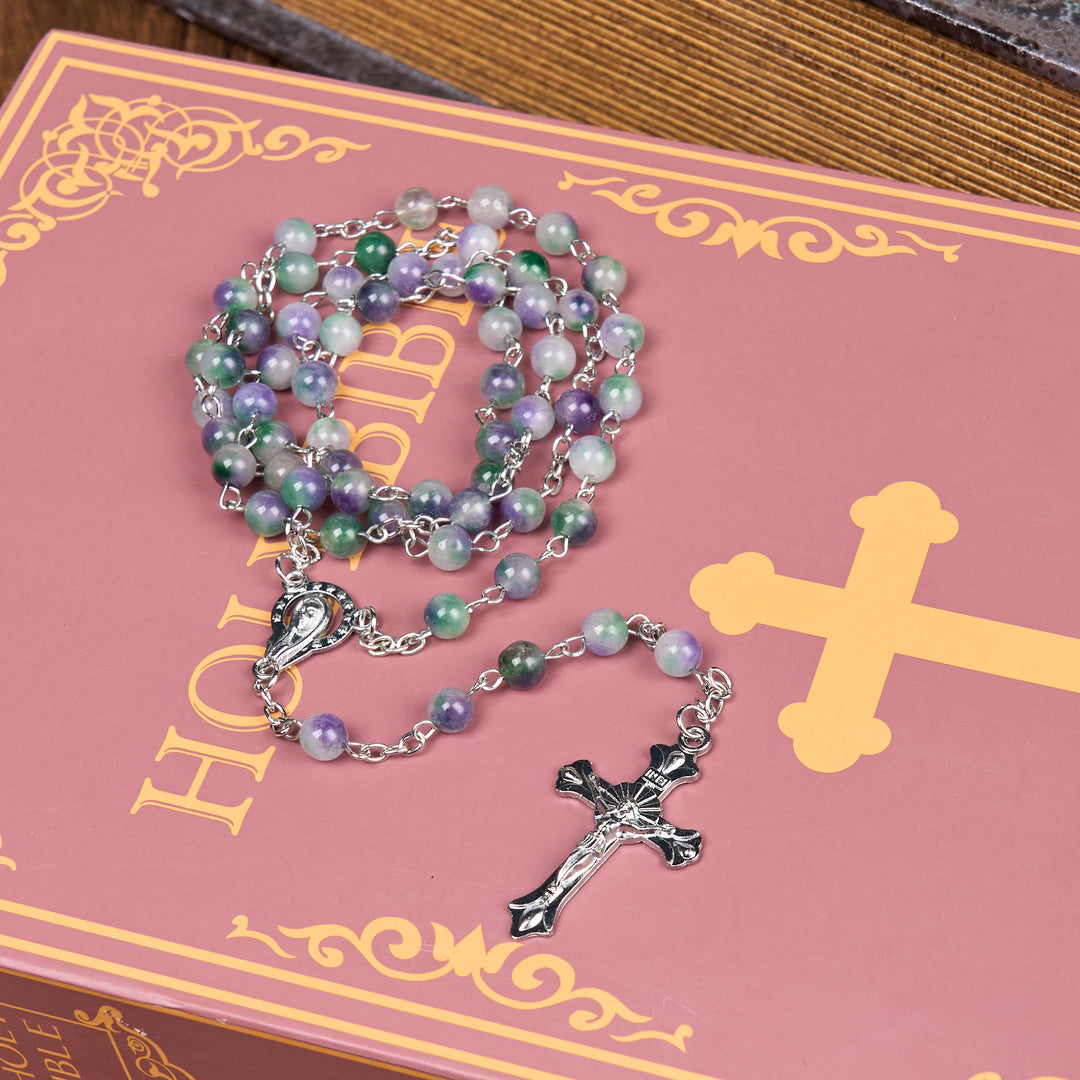 Christianartworkshop Virgin Mary & Crucifix of 6 mm Round Purple Green Agate Alloy Chain Rosary - image 3