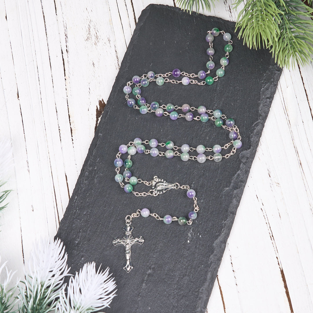Christianartworkshop Virgin Mary & Crucifix of 6 mm Round Purple Green Agate Alloy Chain Rosary - image 4