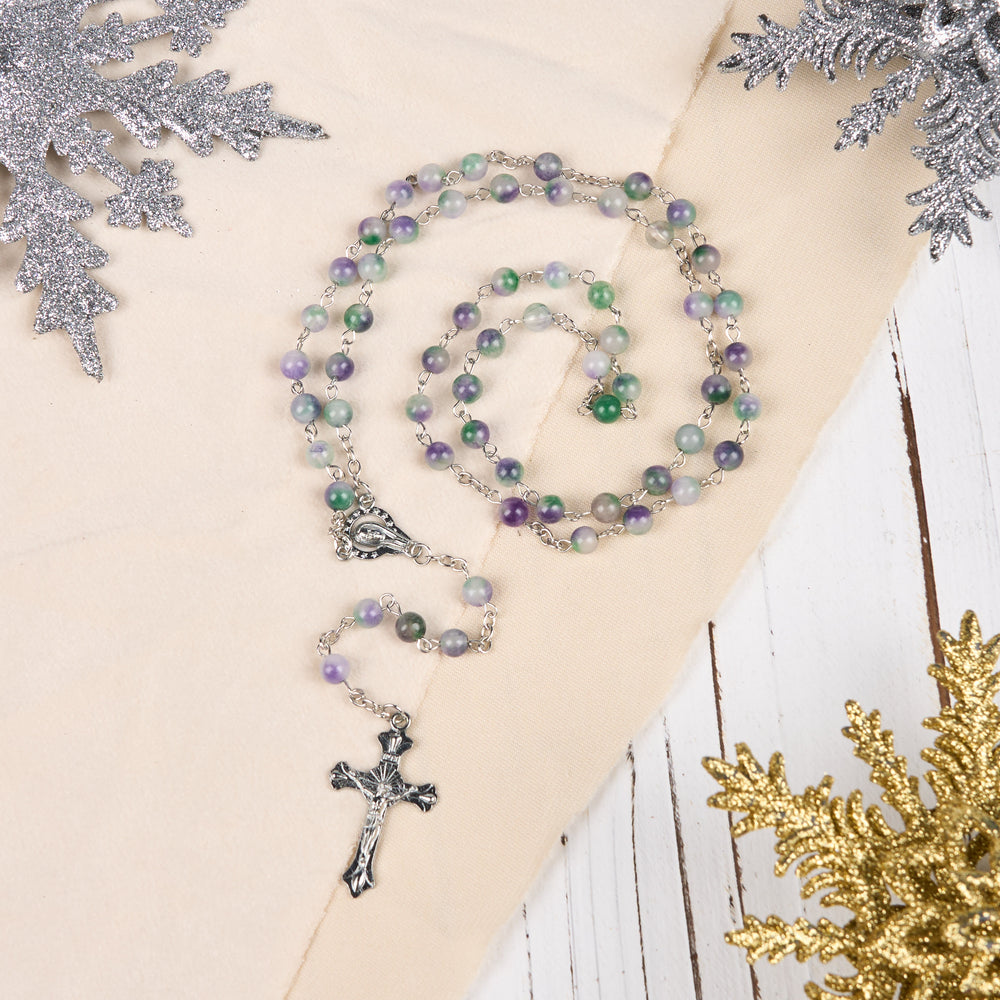 Christianartworkshop Virgin Mary & Crucifix of 6 mm Round Purple Green Agate Alloy Chain Rosary - image 2