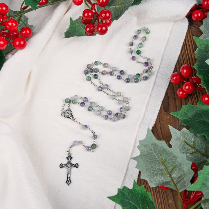 Christianartworkshop Virgin Mary & Crucifix of 6 mm Round Purple Green Agate Alloy Chain Rosary - image 1