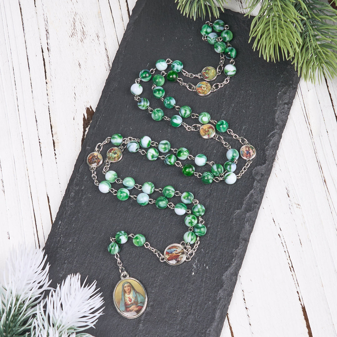 Christianartworkshop Seven Sorrow of 8 mm Round Blue/Green Acrylic Alloy Chain Rosary - Green - image 2