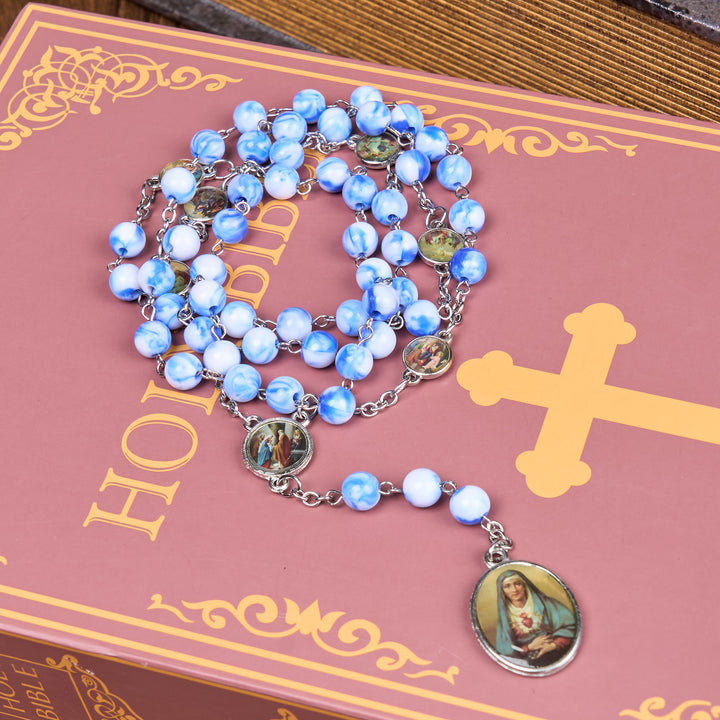 Christianartworkshop Seven Sorrow of 8 mm Round Blue/Green Acrylic Alloy Chain Rosary - image 5