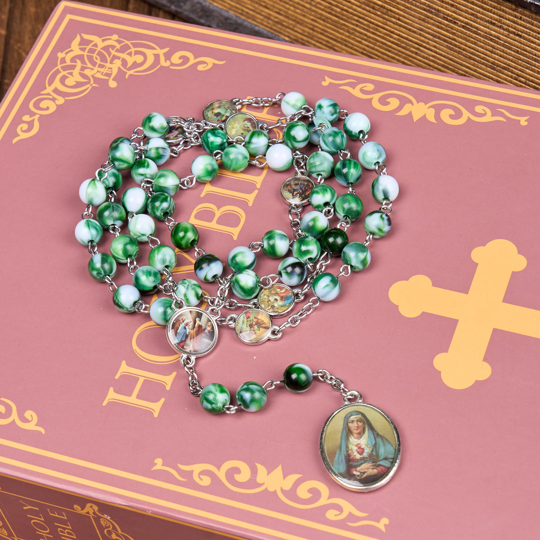 Christianartworkshop Seven Sorrow of 8 mm Round Blue/Green Acrylic Alloy Chain Rosary - image 10