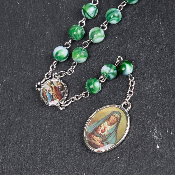 Christianartworkshop Seven Sorrow of 8 mm Round Blue/Green Acrylic Alloy Chain Rosary - image 12