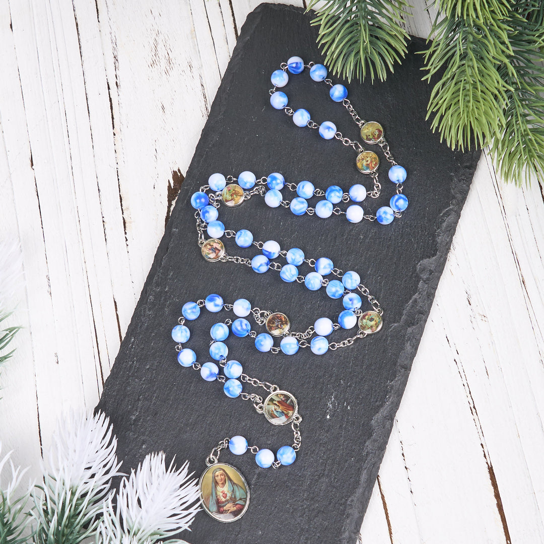 Christianartworkshop Seven Sorrow of 8 mm Round Blue/Green Acrylic Alloy Chain Rosary - Blue + White - image 1