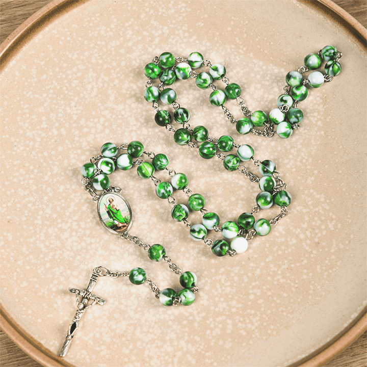 Christianartworkshop Saint Jude Thaddeus & Crucifix of 8 mm Round Green Acrylic Alloy Chain Rosary - image 3