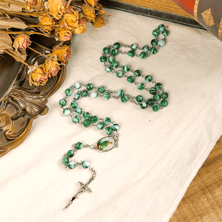 Christianartworkshop Saint Jude Thaddeus & Crucifix of 8 mm Round Green Acrylic Alloy Chain Rosary - image 4