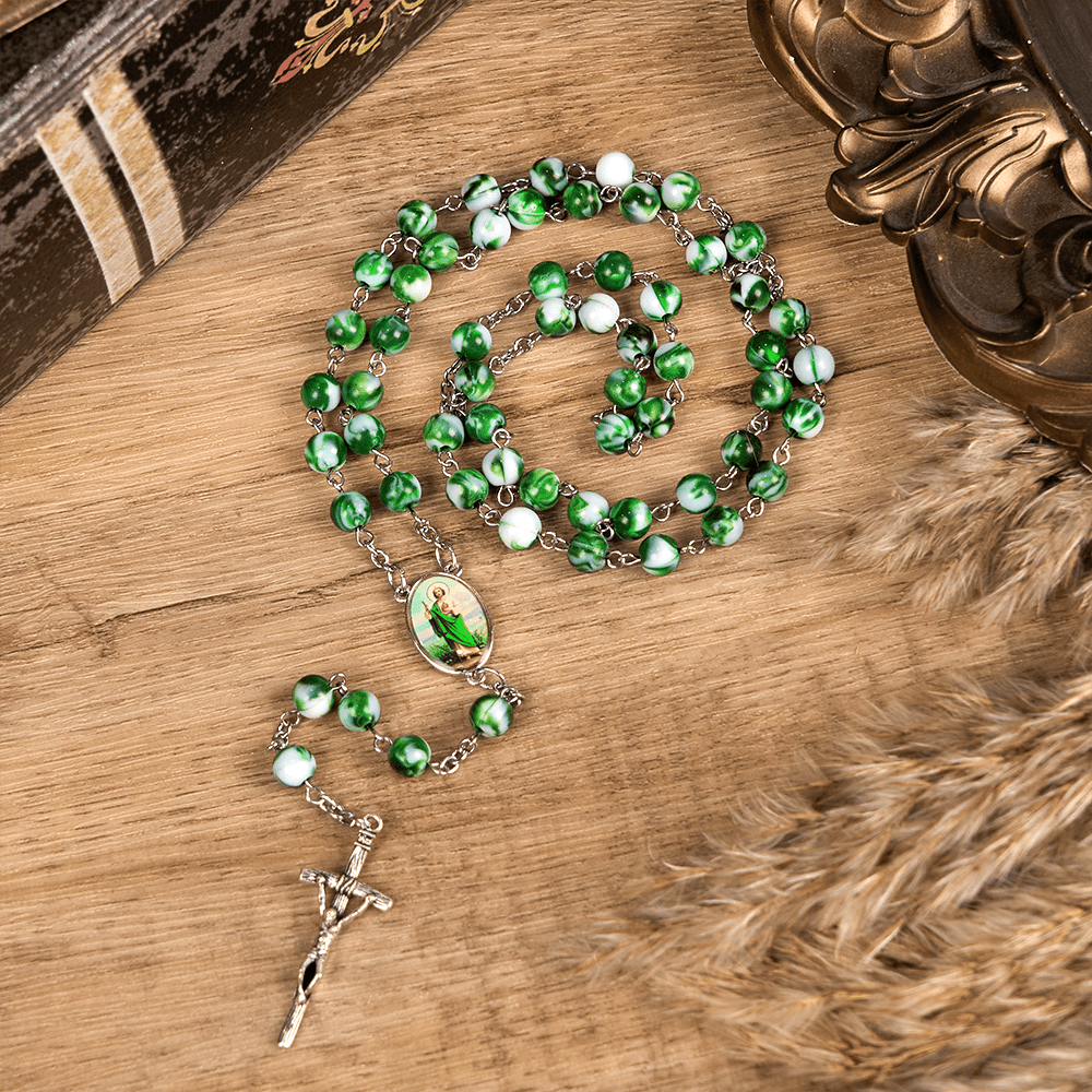 Christianartworkshop Saint Jude Thaddeus & Crucifix of 8 mm Round Green Acrylic Alloy Chain Rosary - image 2