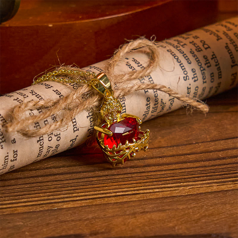 Christianartworkshop Modern Style Crafted Red Gemstones Sacred Heart of Jesus Pendant Necklace - image 9