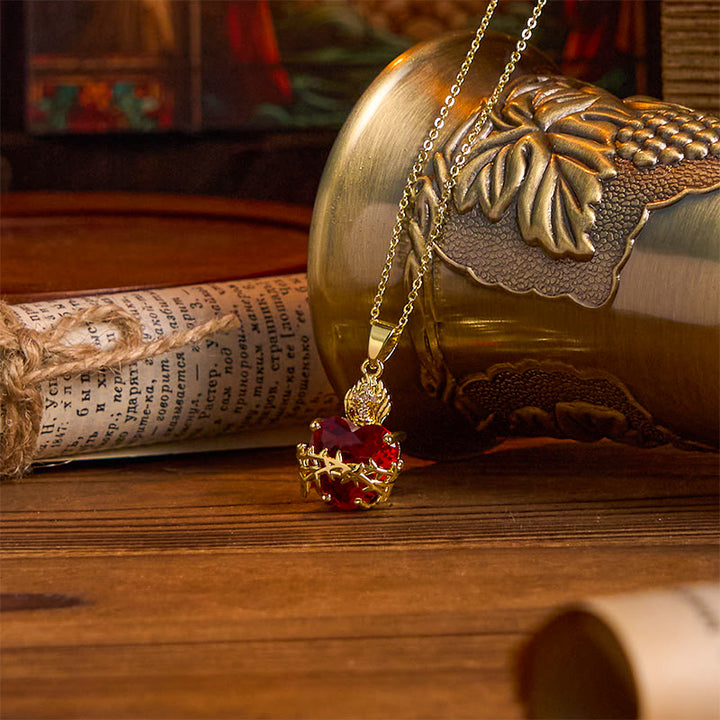 Christianartworkshop Modern Style Crafted Red Gemstones Sacred Heart of Jesus Pendant Necklace - image 4