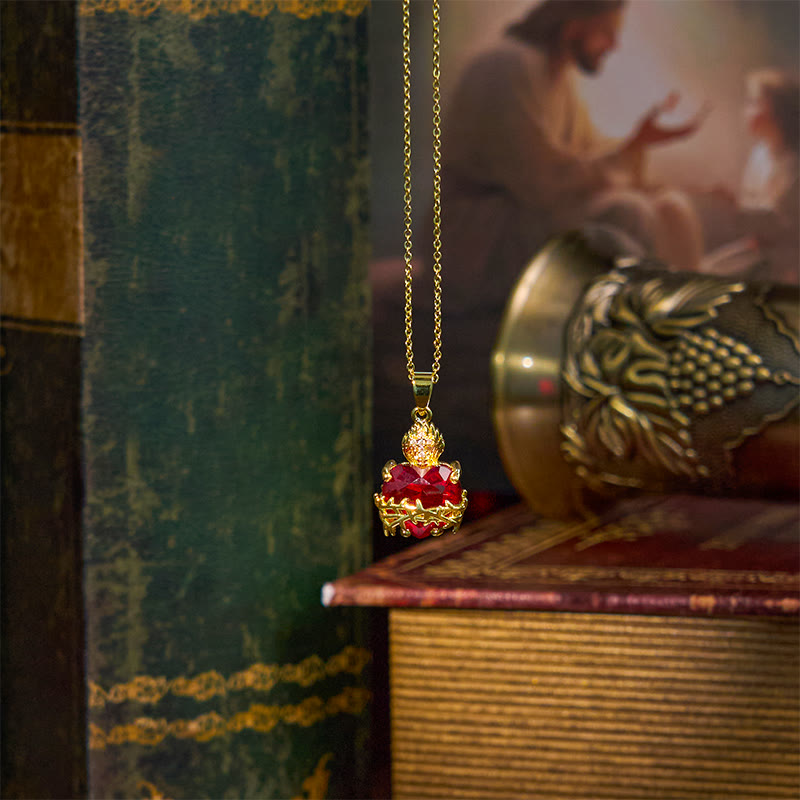 Christianartworkshop Modern Style Crafted Red Gemstones Sacred Heart of Jesus Pendant Necklace - image 5