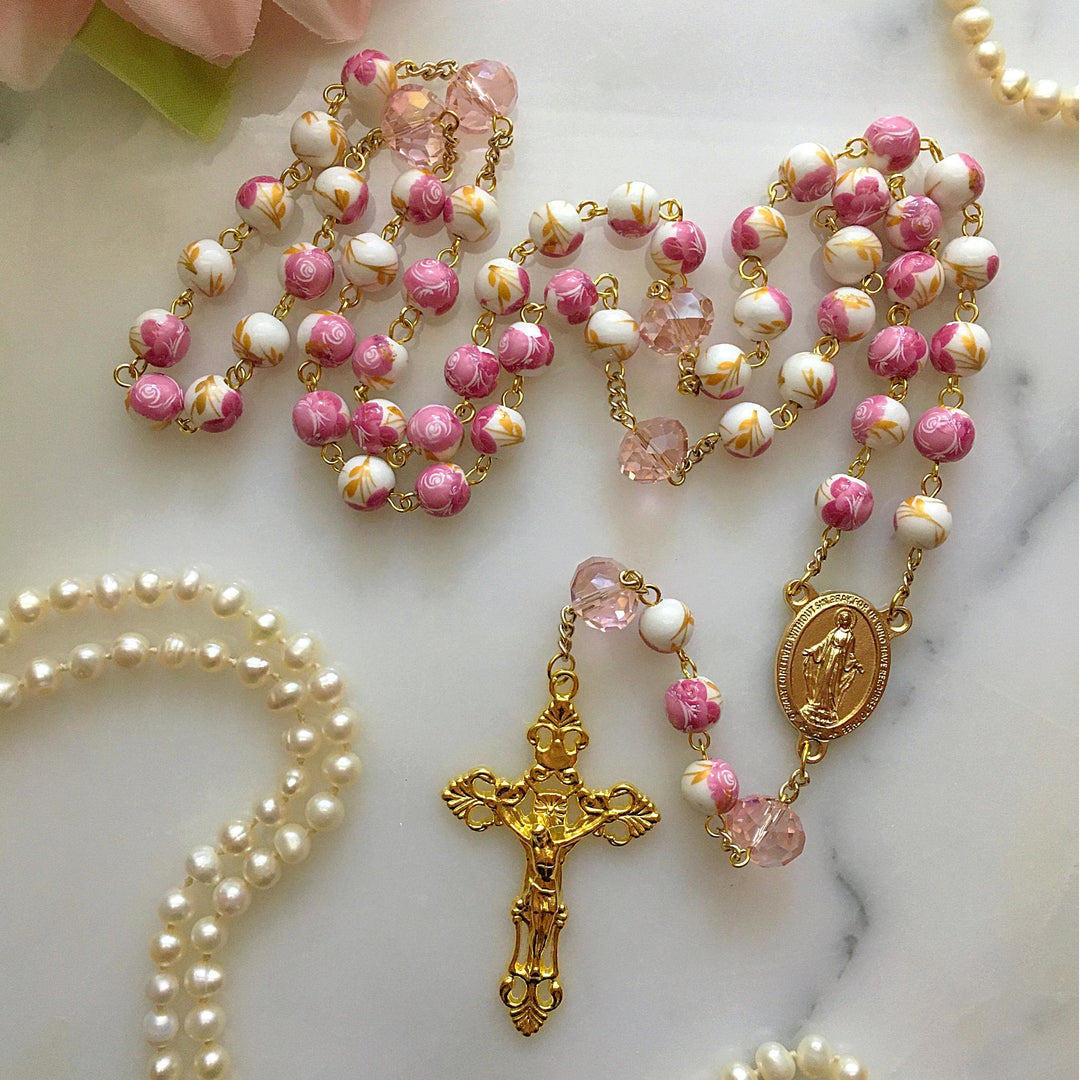 Christianartworkshop Miraculous Medal & Crucifix of 8 mm Round Floral Pink Ceramic Alloy Chain Rosary - Miraculous Medal & Crucifix - image 1