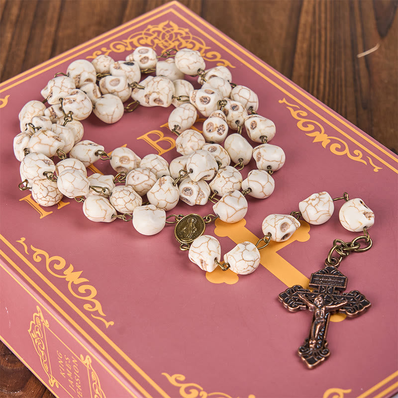 Christianartworkshop Saint Benedict & Crucifix of 8 mm White Pine Skull Alloy Chain Rosary Necklace  - Saint Benedict & Crucifix - image 1