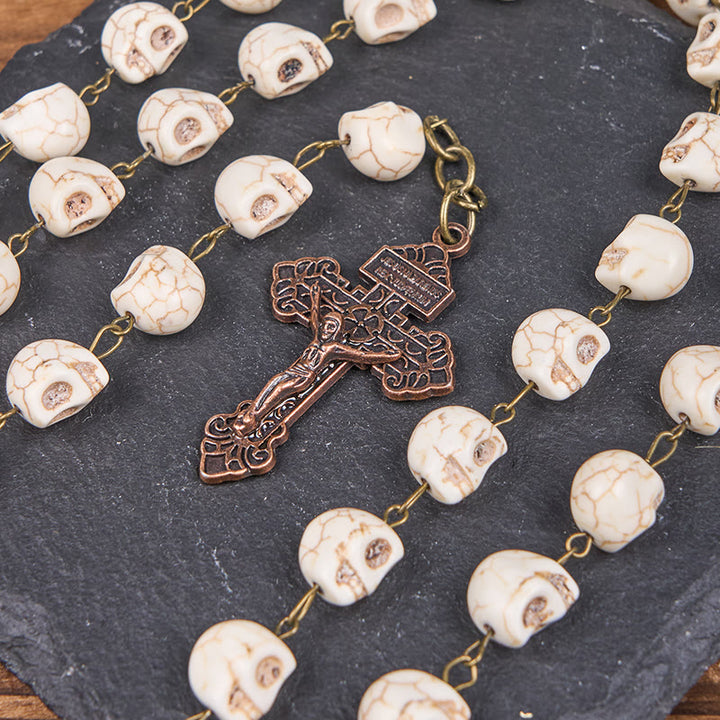 Christianartworkshop Saint Benedict & Crucifix of 8 mm White Pine Skull Alloy Chain Rosary Necklace  - image 6