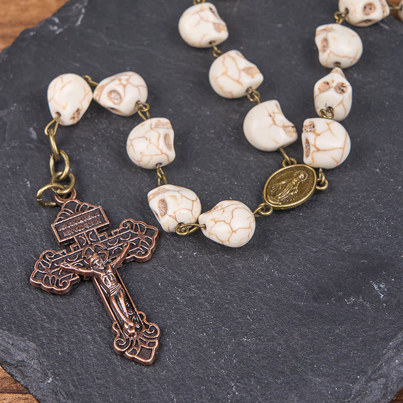 Christianartworkshop Saint Benedict & Crucifix of 8 mm White Pine Skull Alloy Chain Rosary Necklace  - image 5