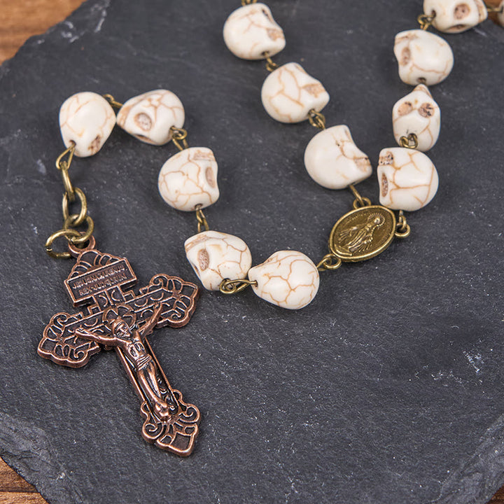 Christianartworkshop Saint Benedict & Crucifix of 8 mm White Pine Skull Alloy Chain Rosary Necklace  - image 5