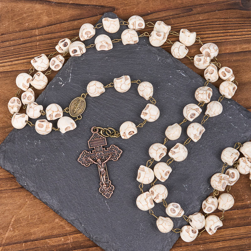Christianartworkshop Saint Benedict & Crucifix of 8 mm White Pine Skull Alloy Chain Rosary Necklace  - image 4