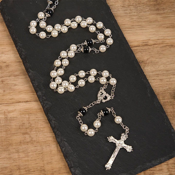 Christianartworkshop Immaculate Heart of Mary & Crucifix of 8 mm Round White Acrylic Alloy Chain Rosary - image 3