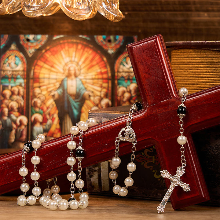 Christianartworkshop Immaculate Heart of Mary & Crucifix of 8 mm Round White Acrylic Alloy Chain Rosary - Immaculate Heart of Mary & Crucifix - image 1