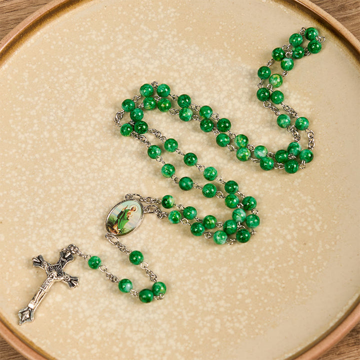 Christianartworkshop St. Jude & Crucifix of 8 mm Round Green Glass Alloy Chain Rosary - image 4