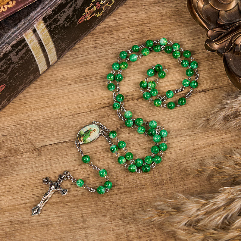 Christianartworkshop St. Jude & Crucifix of 8 mm Round Green Glass Alloy Chain Rosary - Green - image 1