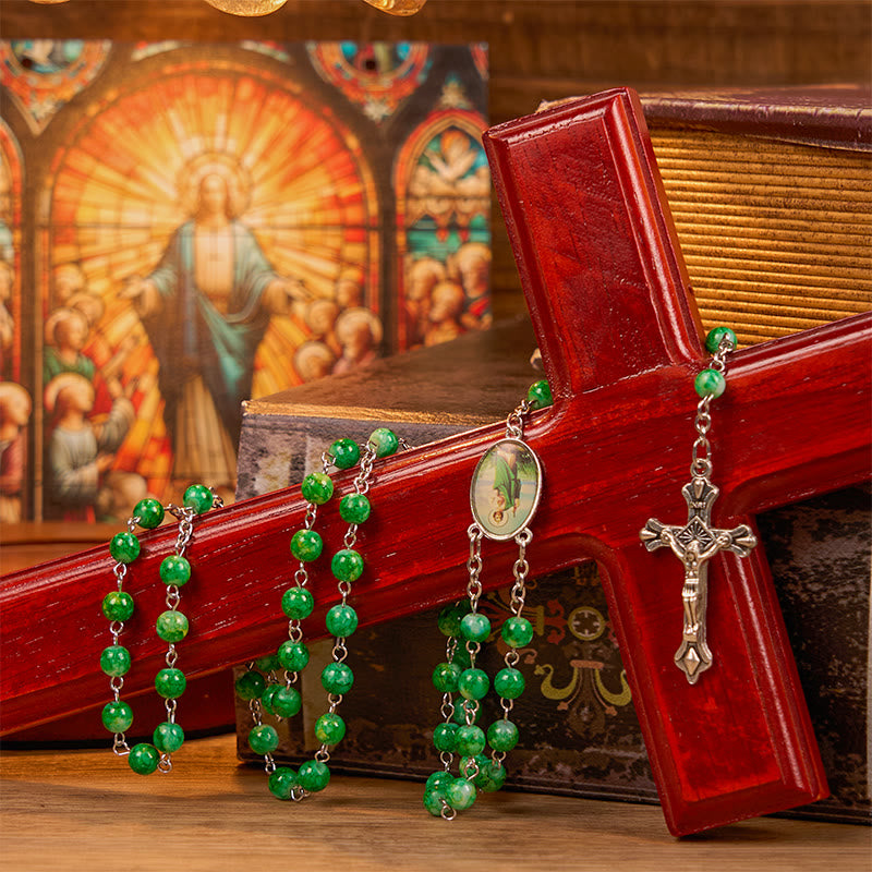 Christianartworkshop St. Jude & Crucifix of 8 mm Round Green Glass Alloy Chain Rosary - image 2