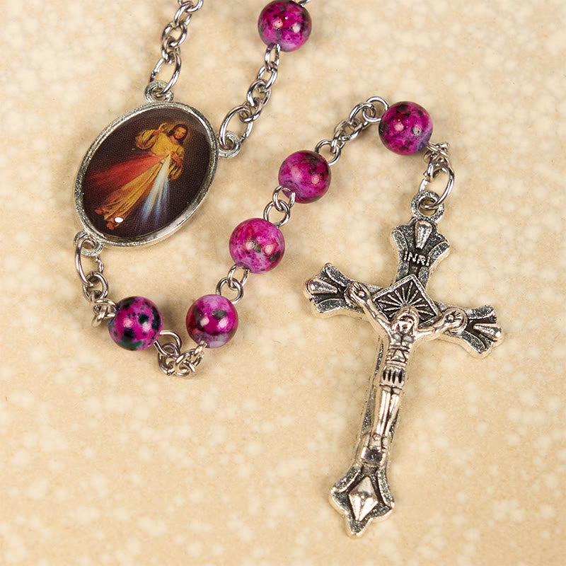 Christianartworkshop Divine Mercy & Crucifix of 8 mm Round Purple Glass Alloy Chain Rosary - image 5