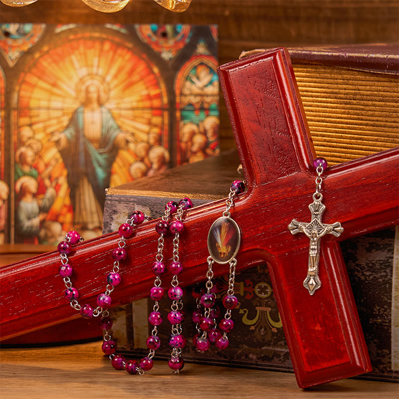 Christianartworkshop Divine Mercy & Crucifix of 8 mm Round Purple Glass Alloy Chain Rosary - image 2
