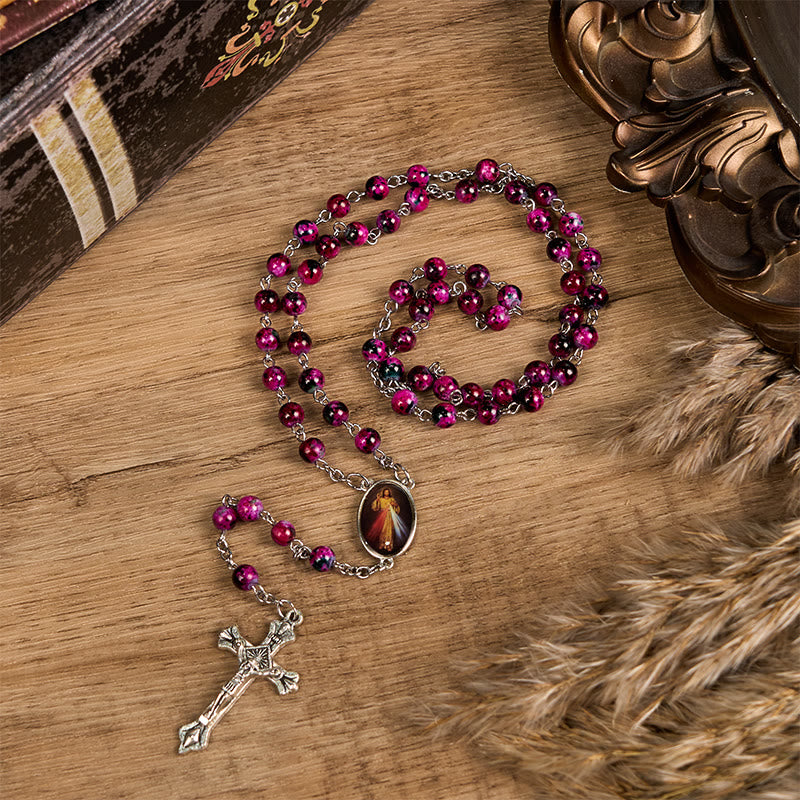 Christianartworkshop Divine Mercy & Crucifix of 8 mm Round Purple Glass Alloy Chain Rosary - image 3