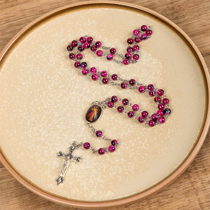 Christianartworkshop Divine Mercy & Crucifix of 8 mm Round Purple Glass Alloy Chain Rosary - Divine Mercy & Crucifix - image 1