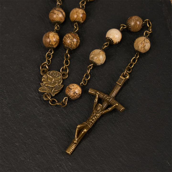 Christianartworkshop Rose & Crucifix of 8 mm Round Brown Stone Alloy Chain Rosary - image 4