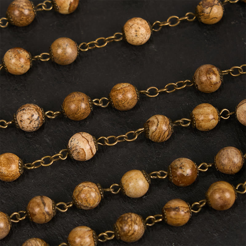 Christianartworkshop Rose & Crucifix of 8 mm Round Brown Stone Alloy Chain Rosary - image 5