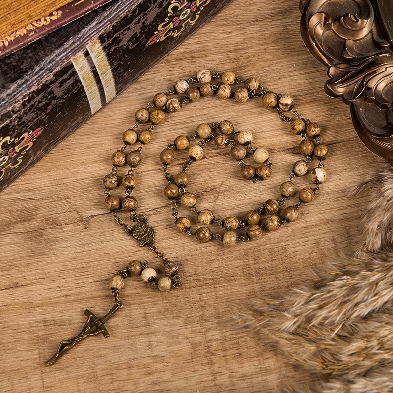 Christianartworkshop Rose & Crucifix of 8 mm Round Brown Stone Alloy Chain Rosary - image 3
